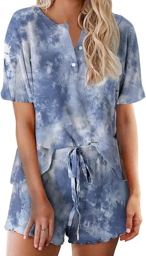Vista 30 de Ekouaer Conjunto de pijamas teñidos con técnica tie dye para mujer, ropa de dormir, 2 piezas, conjuntos de pijamas, ropa de relajación A-tie Dye