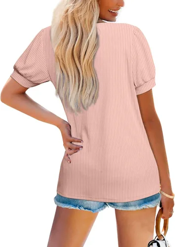 Vista 4 de OFEEFAN T Shirts for Women V Neck Summer Tops Puff Sleeve Loose Fit Basic Casual