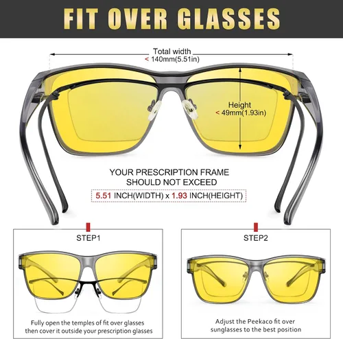 Vista 4 de Peekaco Gafas de sol que se ajustan sobre gafas para hombres y mujeres, lentes de sol polarizados cuadrados ligeros para usar sobre anteojos