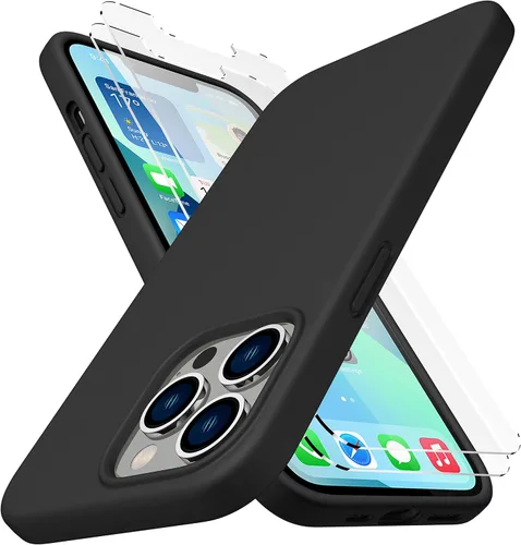 Vista 23 de CellEver Funda de silicona resistente para iPhone 12 y 12 Pro, dos protectores de pantalla de vidrio inastillables, protección militar contra Negro