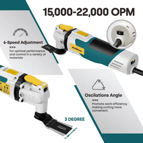 Vista 4 de Enventor Sierra multiherramienta, sierra oscilante eléctrica con 43 accesorios, mango auxiliar, máximo 22,000 OPM, 6 velocidades variables, ángulo