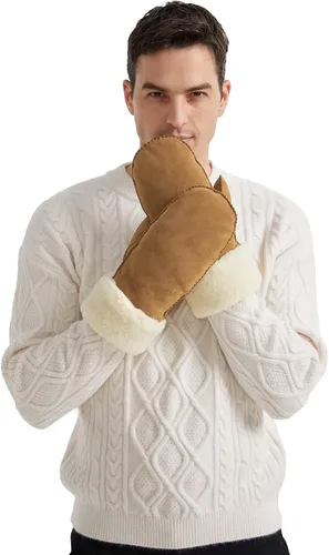 Vista 4 de Surblue Manoplas de gamuza de oveja de invierno para hombre, piel de oveja de alta calidad, cálido puño grueso forrado de lana de cordero