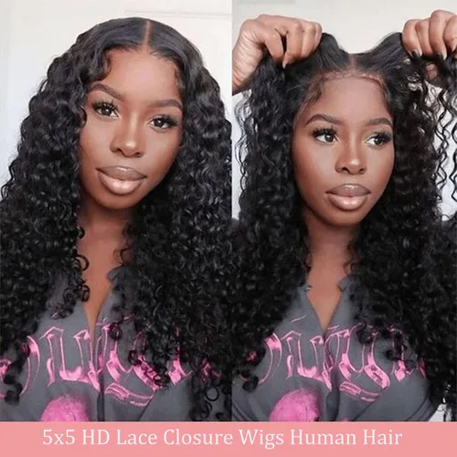 Vista 2 de Pelucas de cabello humano rizado con ondas profundas de 5 x 5 HD, sin pegamento, precortadas, con encaje frontal, para mujeres negras, color negro