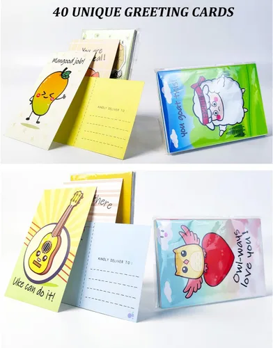 Vista 7 de 40 hojas divertidas tarjetas de juegos de palabras, paquete de postales a granel Thinking of You para niños, estudiantes, amigos, profesores, saluda