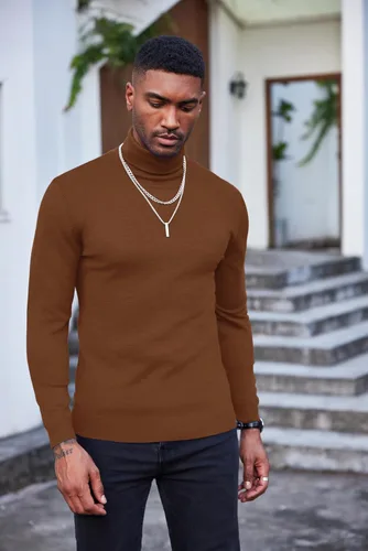 Vista 9 de COOFANDY Suéter de cuello alto ajustado para hombre, casual, básico, de manga larga, suéter de punto