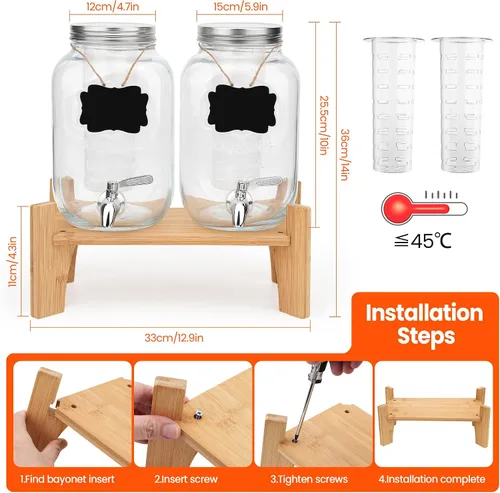 Vista 3 de Juego de 2 dispensadores de bebidas de vidrio para fiestas, dispensadores de bebidas de hielo de 1 galón con soporte, dispensador de jugo