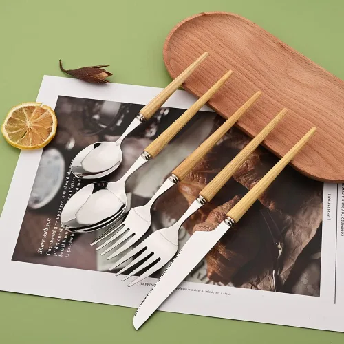 Vista 7 de Juego de cubiertos de acero inoxidable para 4 Uniturcky 24 piezas con cuchillos para carne, juego de cubiertos con mango de madera para el hogar