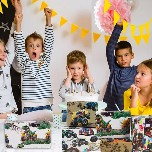 Vista 6 de Dtiafu Papel de regalo de camión monstruo para niños – Papel de regalo de coche de carreras a granel plegado plano para cumpleaños, baby shower
