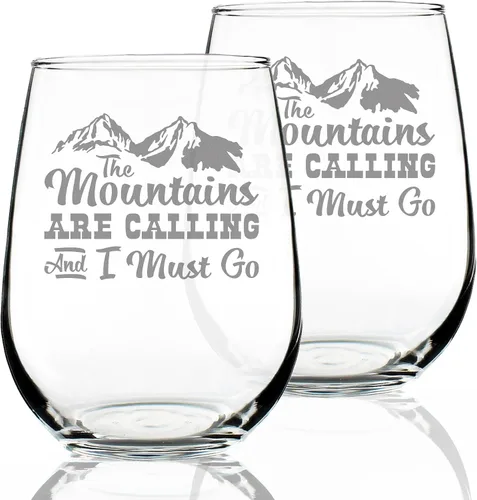 Vista 7 de Custom The Mountains Are Calling And I Must Go - Personalized Stemless Wine Glass - Fun Mountain Themed Gift or Décor - Large 17 Ounce - Customized