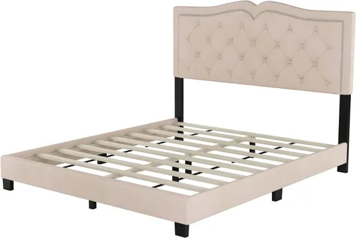 Vista 6 de Marco de cama de terciopelo tamaño Queen, cabecera capitonada con alas de canal vertical, cama con plataforma tapizada, listones de madera fuertes