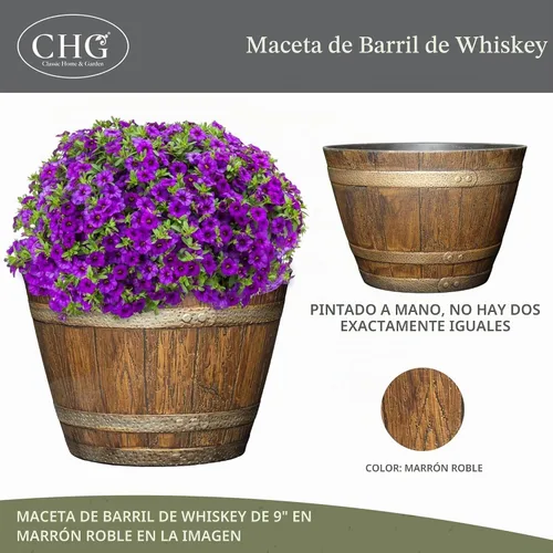 Vista 2 de Classic Home and Garden Maceta Redonda de Resina Estilo Barril para Flores para Exteriores, Marrón Roble Envejecido, 20,5" (Paquete de 3)