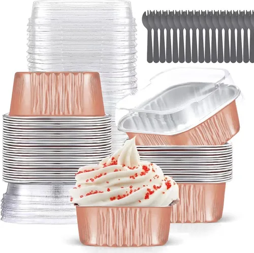 Vista 12 de Findful - Juego de 40 moldes cuadrados de papel de aluminio para cupcakes de 10 oz con tapas, moldes para brownies, moldes desechables grandes