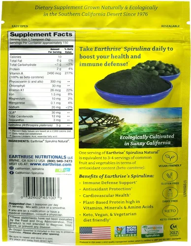 Vista 2 de Earthrise Spirulina Polvo natural de 16 onzas, espirulina natural premium de California, vegano, sin gluten, apto para ceto, sin OMG, súper alimento