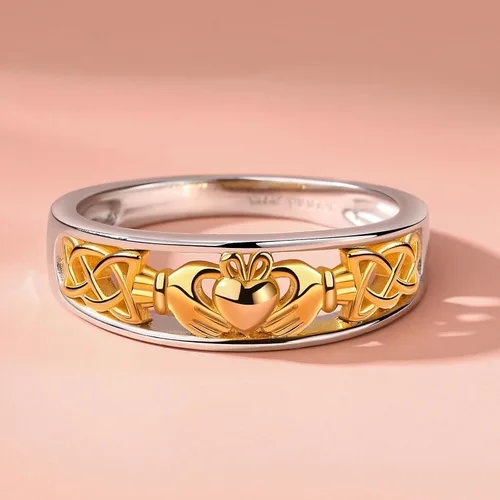 Vista 3 de Jeulia Claddagh - Anillos para mujer, plata de ley 925, chapado en oro de 14 quilates, anillo de compromiso de circonita cúbica de dos tonos, anillo