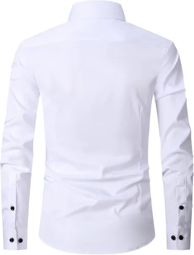 Vista 2 de Camisa de vestir para hombre, manga larga, ajustada, informal, con botones, color liso