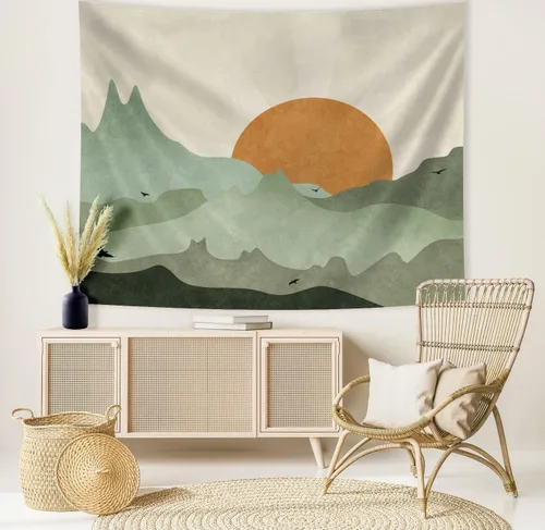 Vista 3 de SUOTEMEIFEI Tapiz bohemio verde salvia con sol de montaña, arte simple, paisaje de puesta de sol, paisaje, abstracto, estético, decoración de pared