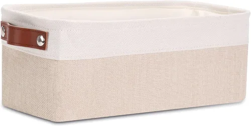 Vista 13 de DULLEMELO Cesta de almacenamiento pequeña para estantes, pequeña cesta plegable de tela rectangular para estantes, armarios, guardería, hogar Beige