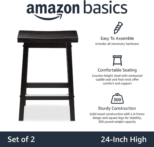 Vista 3 de Amazon Basics Taburetes de bar de madera maciza para isla de cocina con reposapiés, 24 pulgadas de altura, negro, juego de 2