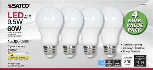 Vista 4 de Satco S39596 9.5A19/LED/827/ND/120V/4PK - Paquete de 4