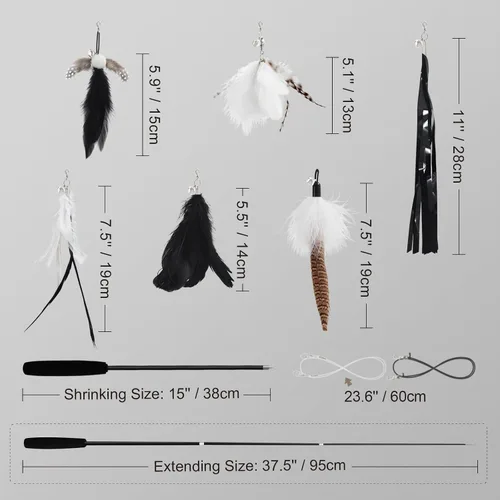 Vista 7 de SONGWAY Juguetes de varita para gatos de interior, juego de juguetes para gatos con varita retráctil y 6 recambios de juguetes de plumas, juguetes