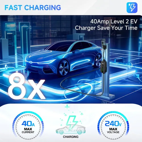 Vista 2 de SEGUMA Cargador EV de Nivel 2, Cargadores de Coche Eléctrico de 40 Amperios, Cable de 25 Pies con Enchufe NEMA 14-50, Corriente Ajustable, Retardo