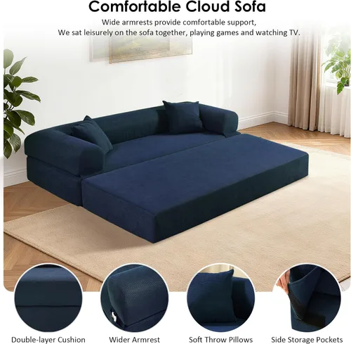 Vista 6 de Sofá cama convertible de 80", sofá plegable extraíble de pana 3 en 1 con almohadas, sofá moderno sin ensamblaje sin estructura con compresión