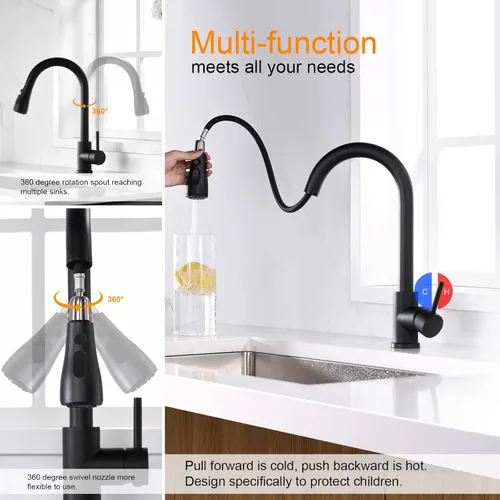 Vista 4 de Grifo de fregadero, grifo de cocina negro con rociador extraíble VFAUOSIT de una sola manija extraíble grifos de cocina negro mate, grifo