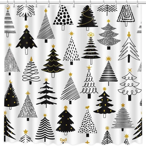 Vista 2 de MEHOFOND Cortina de Ducha de Navidad Árbol de Navidad Negro y Dorado Cortina de Ducha de Pino de Invierno Patrón Festivo de Navidad para Decoración