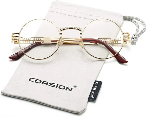 Vista 2 de COASION Gafas de sol redondas vintage Steampunk con marco de metal dorado transparente, M