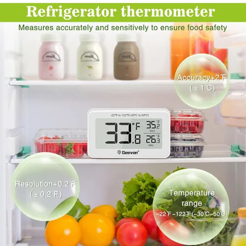 Vista 3 de Geevon Refrigerator Thermometer Digital Fridge Thermometer IP65 Waterproof with Large LCD Display,Max/Min Record Function,Magnetic Back,for