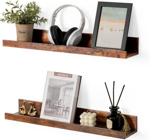 Vista 19 de Muzilife Estantes Flotantes de Pared Pequeños de 12" con Borde - Juego de 2 Estantes Flotantes de Madera - Repisa Negra Montada en Pared