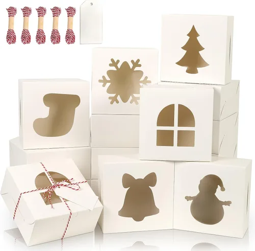 Vista 11 de 24 piezas Cajas de pastelería marrones con ventana, cajas de galletas de Navidad pequeñas de 4x4x2.5 pulgadas, cajas de regalo de Navidad