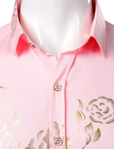 Vista 3 de ZEROYAA - Camisas de vestir de manga corta con estampado de rosa dorada para hombre, estilo hipster, calce ajustado, con botones