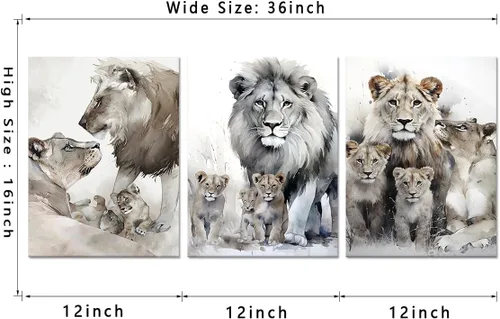 Vista 5 de 3 piezas modernas de lienzo de león de animales salvajes, pinturas de retratos de familia de leones, decoración de pared, obras de arte de sala