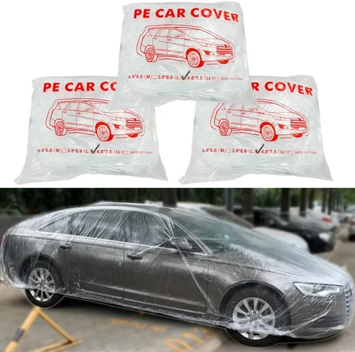 Vista 11 de LuliKa Paquete de 3 fundas desechables de plástico transparente para automóvil, cubierta universal de lluvia y polvo para garaje con banda elástica