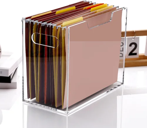 Vista 4 de DINGHUO Caja organizadora de carpetas de archivos de acrílico, organizador de archivos colgantes de tamaño carta, soporte transparente con asas