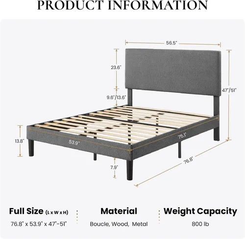 Vista 2 de SHA CERLIN - Base de cama con plataforma de tamaño completo con cabecera ajustable y soporte de listones de madera, base de colchón tapizada