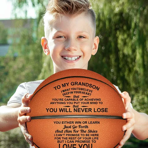 Vista 2 de Baloncesto grabado de 29.5 pulgadas, pelota de juego personalizada para interiores y exteriores para hijo y nieto, nunca perderás, regalo de aliento