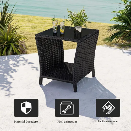 Vista 8 de kinbor Mesa pequeña para exteriores – Mesa auxiliar de mimbre para exteriores con estante de almacenamiento para patio, balcón y porche, ratán