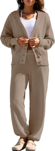 Vista 2 de Yanekop Conjunto de dos piezas para mujer con cuello en V y botones y suéter de punto acogedor