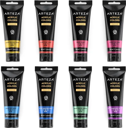 Vista 8 de Arteza Pintura acrílica metálica, juego de 8 tonos de joya en tubos de 4.06 onzas, pigmentos ricos, no se decolora, pinturas para artistas