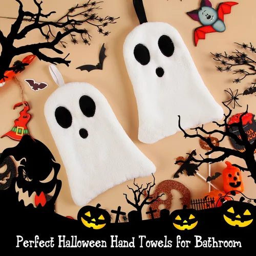 Vista 5 de Quera Paquete de 2 toallas de mano con diseño de fantasmas de Halloween, bordadas, decoración de lujo, para baño, juego de toallas decorativas