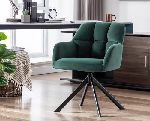 Vista 9 de EALSON Cómoda silla de escritorio de terciopelo moderna para computadora, sin ruedas, silla giratoria con brazo de respaldo medio para sala de Beige