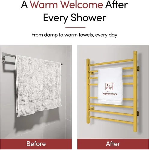 Vista 9 de WarmlyYours Toallero térmico para baño, calentador eléctrico de toallas y secadora de oro pulido, montado en la pared, enchufe o cableado de 120 V
