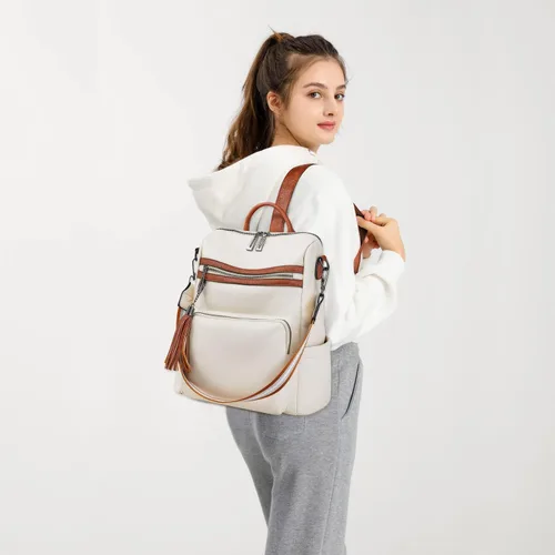 Vista 44 de OPAGE - Mochila de cuero para mujer, con borla de moda, bolso de hombro, mochila grande, bolsa de viaje, gris, L