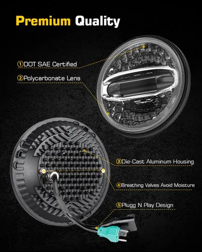 Vista 4 de H6024 Faros LED de 7 pulgadas redondos con halo compatibles con Jeep Wrangler JK JKU 2007-2017, H1 H2, Miata, haz alto/bajo DRL, señal de giro, Negro