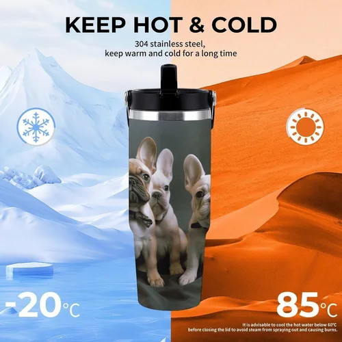 Vista 4 de French Bulldog Puppies Tumbler with Handle 30oz Vacuum Insulated Stainless Steel Water Bottle Leakproof Hot Coffee Travel Mug Iced Coffee Cup