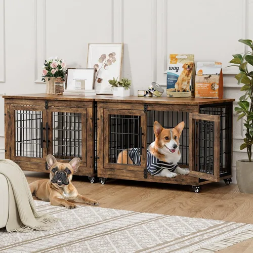 Vista 13 de YaFiti Mueble de jaula para perros con cojín, perrera de madera para interiores con puertas dobles, jaula para perros con ruedas, mesa auxiliar