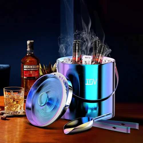 Vista 2 de IOV Cubo de hielo con tapa, cuchara, pinzas y colador, cubo de hielo aislado de doble pared de acero inoxidable de 3 L para fiestas, mantiene