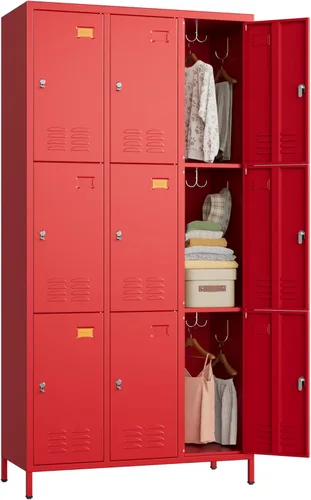 Vista 23 de SUPEER Taquillas metálicas de 9 puertas para empleados con 18 ganchos, taquillas de metal con tarjetero para escuela, garaje, oficina, gimnasio